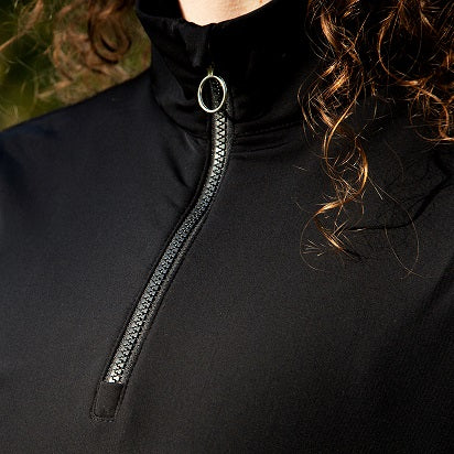 Close up of neck zip on sustainable black jumper